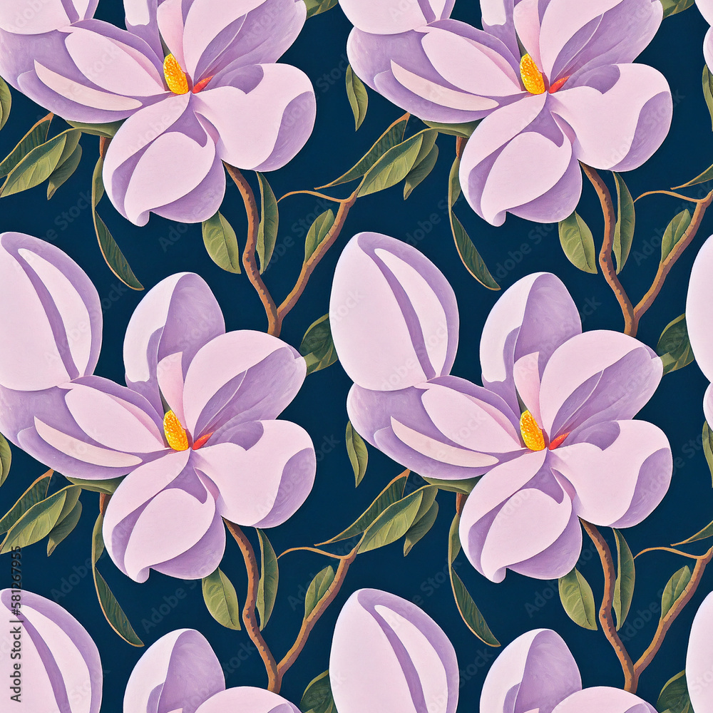 Gouache style magnolias seamless pattern design. Seamlessly tillable fresh background, perfect for various digital project and printed media like scrapbooking, packaging.