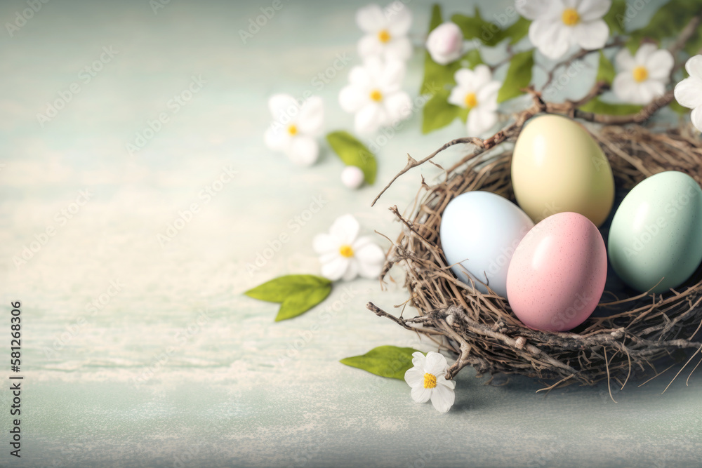 Easter nest with eggs and spring apple blossoms decoration. Generative AI