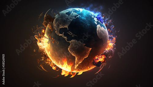 The hole world is on fire and from top coming a liitle bit cold air, black backround, climate crisis