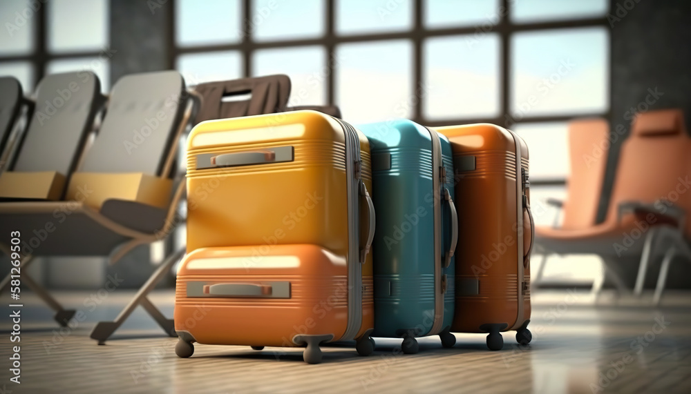 Suitcases at the airport between the lounge chairs. Travel concept. 3D realistic illustration. Based on Generative AI