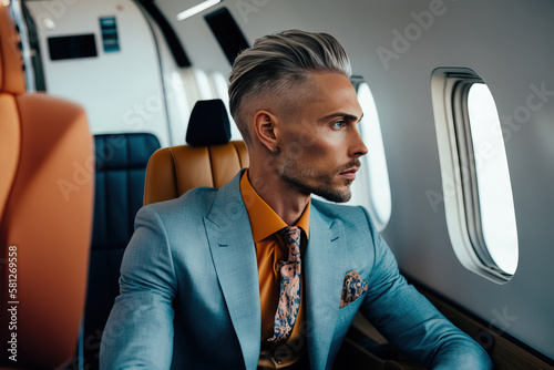 Businessman flying on his private jet. Business man flying on the private airplane. Working during the flight to his meeting. Concept about transportations and salespeople. Generative ai photo
