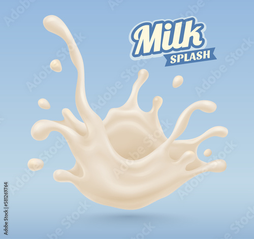 Splash of sweet dairy yoghurt or milk liquid with flying drops. Vector illustration