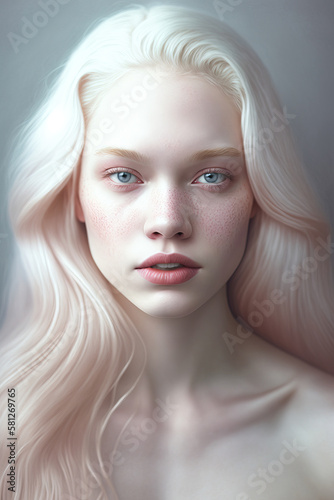 Purity. Portrait of beautiful albino woman . Beauty, fashion, skincare, cosmetics concept. Well-kept skin, fresh look. Inclusion and diversity. Generative ai