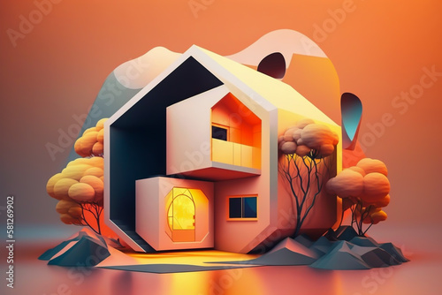 Beautiful abstrat surreal geometric house concept,, isolate background, generative ai