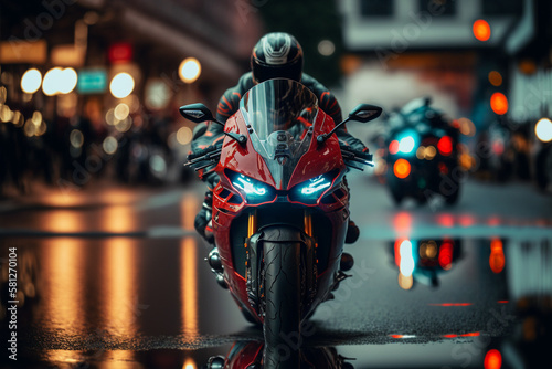 Photorealistic ai artwork concept of a red superbike or sportbike motorcycle riding on wet city streets. Generative ai.