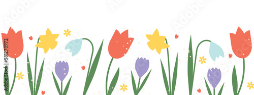 easter, spring banner with tulip, crocus, snowdrops and daffodil flowers- vector illustration © chrupka