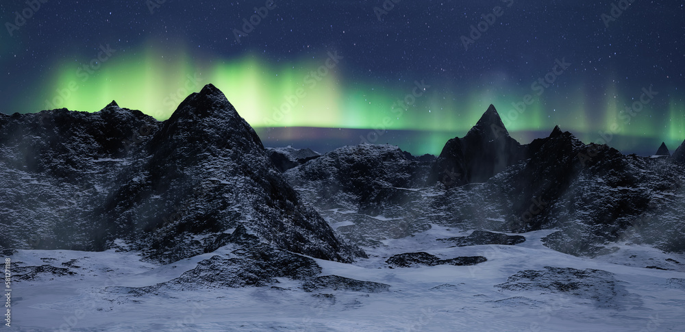 Rocky Mountain Landscape at night with Stars and Northern Lights in Sky. 3d Rendering Artwork. Aerial Cinematic Animation.