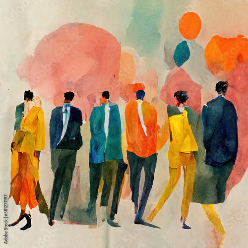 Modern, business fashion figures / people. Painted in expressive, rich, vibrant watercolour. Generative AI.