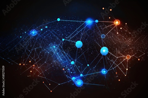Connected World: Blue Dot-and-Line Connections Illustrating the System of Data Exchange Through Technology. Generative AI