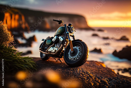 Photorealistic ai artwork of a concept design for a classic motorcycle on top of a cliff at sunset over the ocean. Generative ai.
