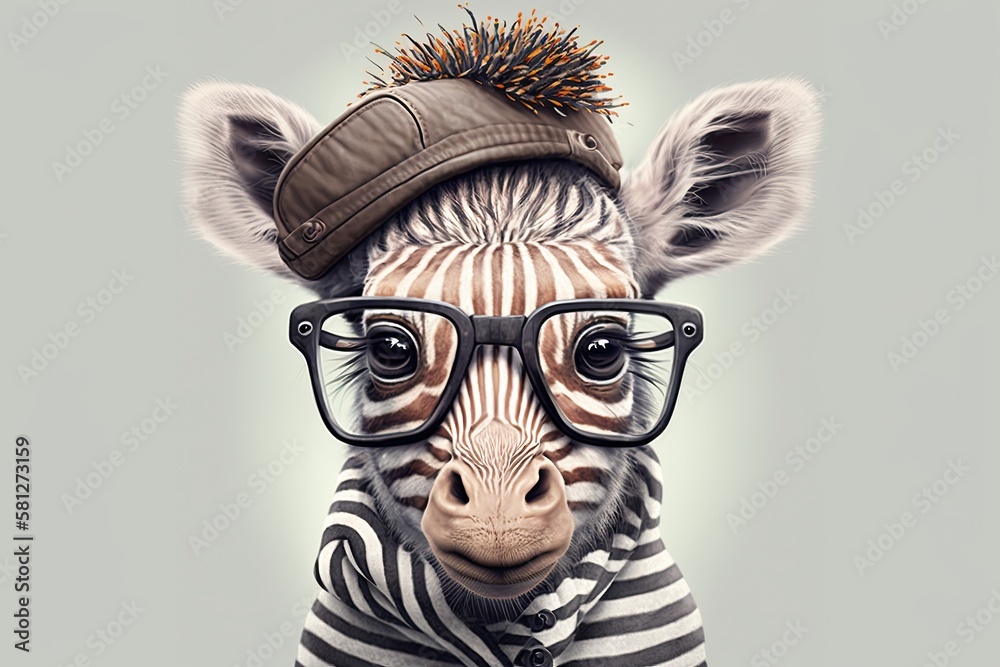 Cute and Silly: Adorable Portrait of a Domesticated Baby Zebra in its Wildlife Clothing and Goggles: Generative AI