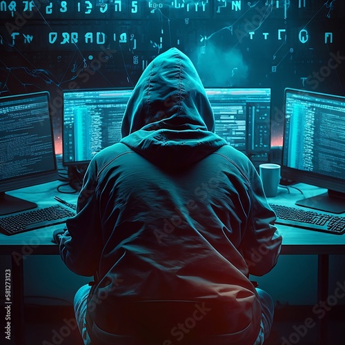 Person in glasses and black hood sitting in front of several computer monitors typing hacking code with forbidden sign