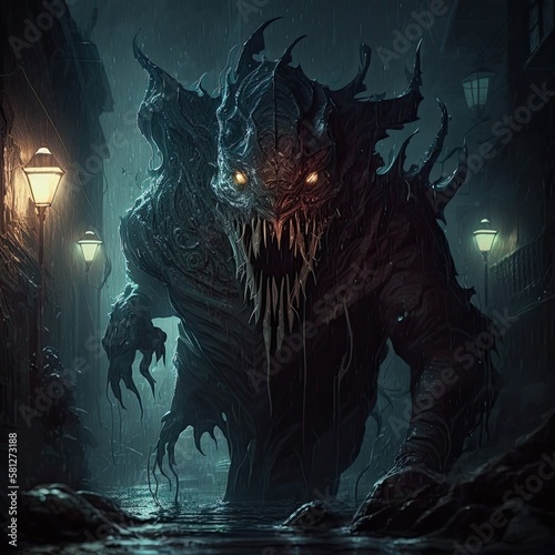 Terror Lurks in the Darkness - Fantasy Generative Illustration of a Monstrous Behemoth on Halloween: Generative AI