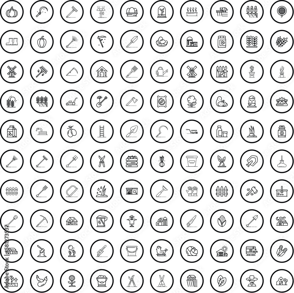 100 farm icons set. Outline illustration of 100 farm icons vector set isolated on white background 100 farm icons set. Outline illustration of 100 farm icons vector set isolated on white background