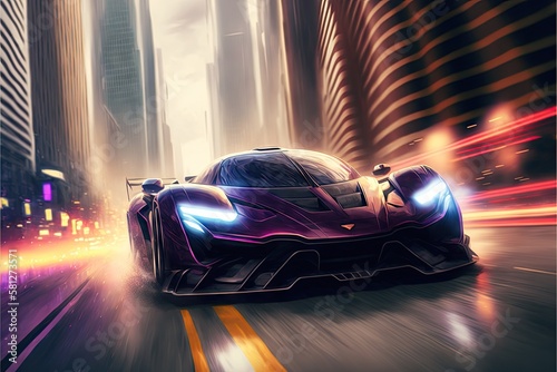 fast hypercar rushes through the city against backdrop of futuristic skyscrapers, created with generative ai photo