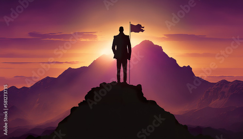 Illustration of silhouette of businessman standing on mountain top over sunset with flag. Business concept success. 3D realistic illustration. Based on Generative AI