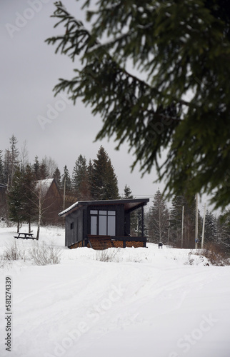 Front view of a Modern black tiny cabin on snowy mountains © Ayman Alakhras