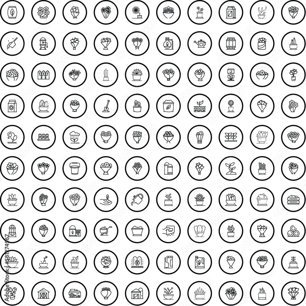 100 flower icons set. Outline illustration of 100 flower icons vector set isolated on white background