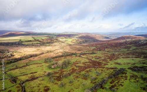 View over Emsworthy Mire from a drone, Haytor Rocks, Dartmoor National Park, Devon, England, UK	 photo