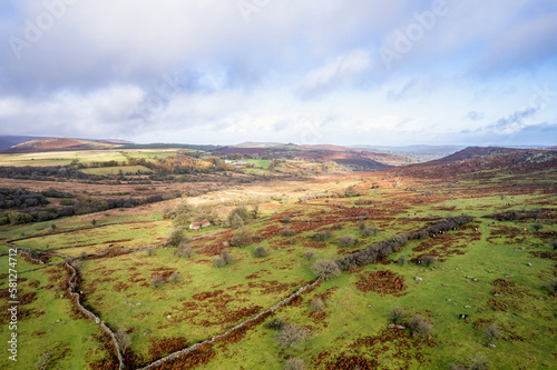 View over Emsworthy Mire from a drone, Haytor Rocks, Dartmoor National Park, Devon, England, UK	 photo