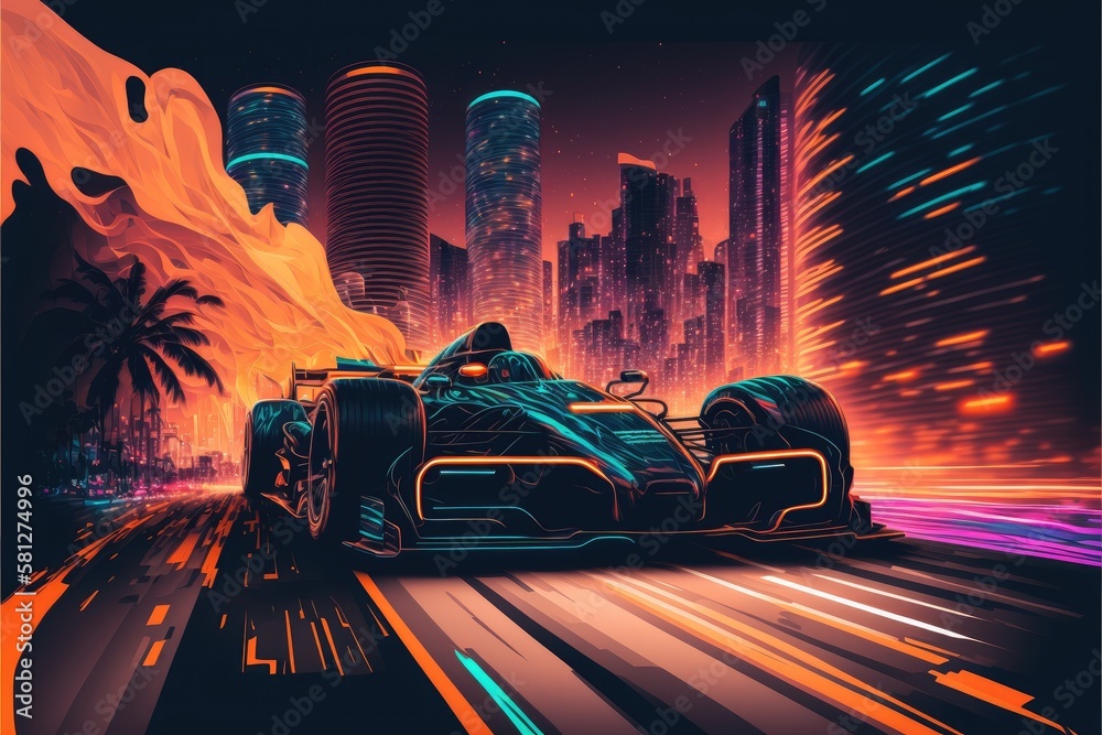 racing car in neon lights racing through city against backdrop of