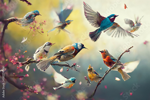 Birds taking flight in spring, visual concept. © Caseyjadew
