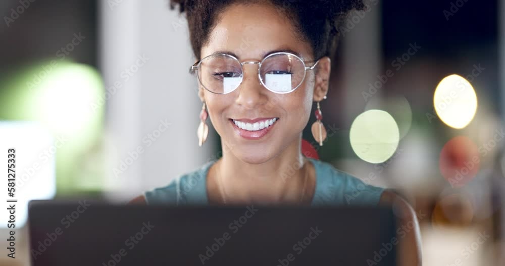 Laptop, face and woman in office at night, smile and happy at startup company on bokeh background. Online, reading and female entrepreneur excited for checking business email or project with glasses
