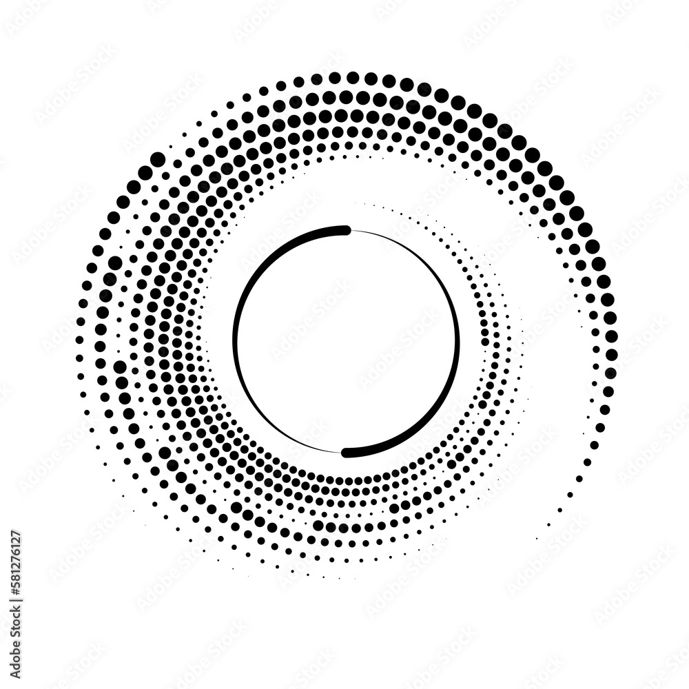 Black halftone dots and lines in circle form. Geometric art. Segmented circle. Circular shape. Trendy design element for border frame, round logo, tattoo, sign, symbol, badge, emblem, web pages