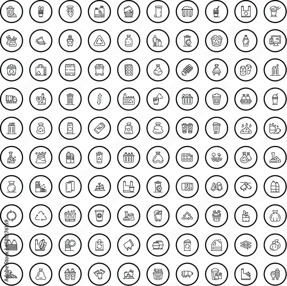 100 garbage icons set. Outline illustration of 100 garbage icons vector set isolated on white background 100 garbage icons set. Outline illustration of 100 garbage icons vector set isolated on white background