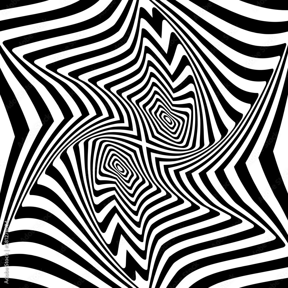 Black abstract wavy twisted oblique stripes. Optical illusion with psychedelic stripes. Line art pattern.Trendy element for posters, social media, logo, frames, broshure, promotion, flyer, covers
