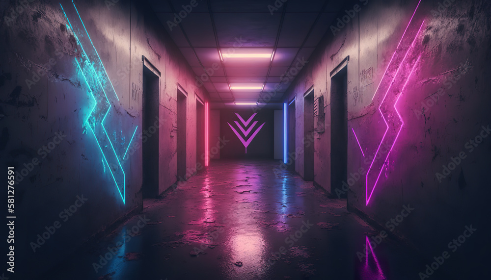 Corridor with arrows in cyberfuturistic neon shape, dance club with reflective concrete. Abstract 3D frame neon glow on dark wall. 3D realistic illustration. Based on Generative AI