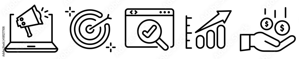 Conjunto de iconos de publicidad digital. Marketing digital, anuncio web, ganancias, crecimiento empresarial, estrategia de venta. Ilustración vectorial