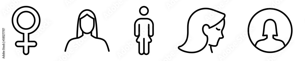 Conjunto de iconos de mujer. Persona de género femenino. Símbolo, perfil, usuario, persona. Ilustración vectorial Conjunto de iconos de mujer. Persona de género femenino. Símbolo, perfil, usuario, persona. Ilustración vectorial