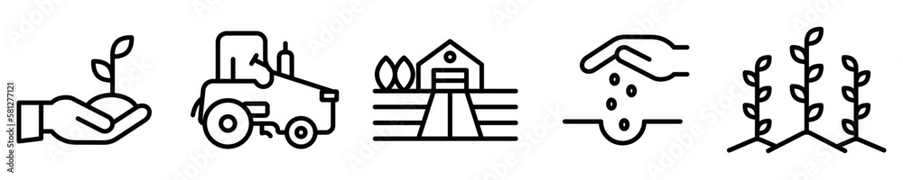 Conjunto de iconos de agricultura. Concepto de granja. Cultivos, plantas, cosecha, campo, maquinaria. Ilustración vectorial