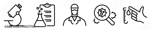 Conjunto de iconos de laboratorio. Microscopio, experimento, científico, médico, análisis, hemograma. Investigación médica. Ilustración vectorial