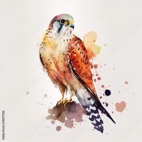 Digital Watercolor Illustration of a Kestrel Perched on a Branch, Nature Artwork, made in part with Generative AI
 photo