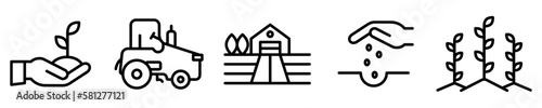 Conjunto de iconos de agricultura. Concepto de granja. Cultivos, plantas, cosecha, campo, maquinaria. Ilustración vectorial