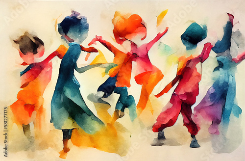 Children dancing - Loose, expressive Watercolor Illustration. Generative AI.