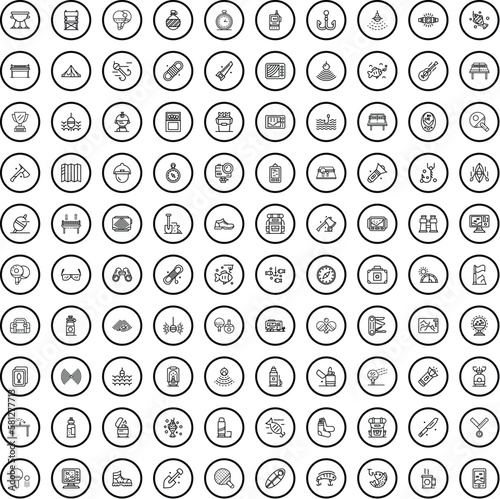 100 hobby icons set. Outline illustration of 100 hobby icons vector set isolated on white background photo