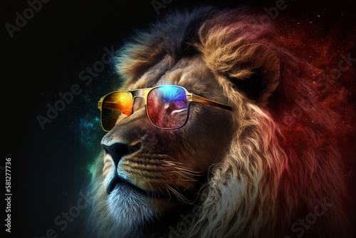 Close up an abstract portrait of a lion looking cool with Multi colored Sunglasses on