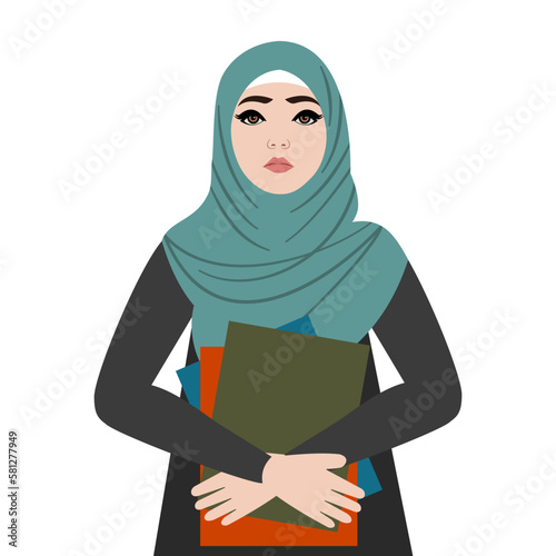 Young Muslim female student wearing hijab holds books in front of her. Back to school, education concept