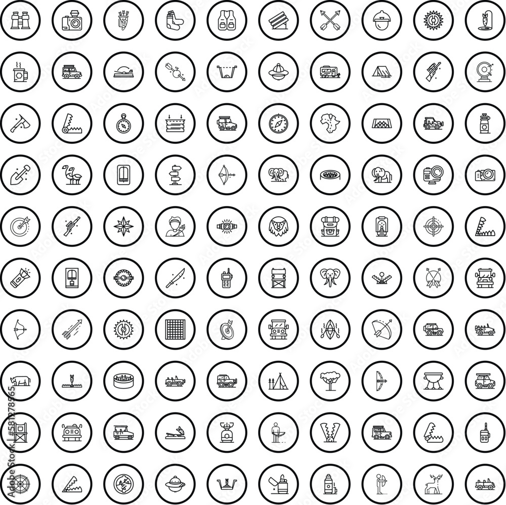 100 hunting icons set. Outline illustration of 100 hunting icons vector set isolated on white background