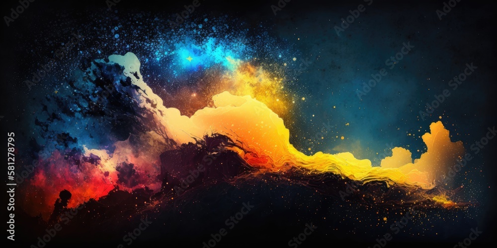 Fototapeta premium Colorful abstract explosion in space. Nebula alien cloud. Universe painting watercolor sponge paint.