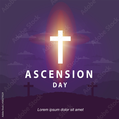 ascension day with illustration of a glowing cross on a purple background