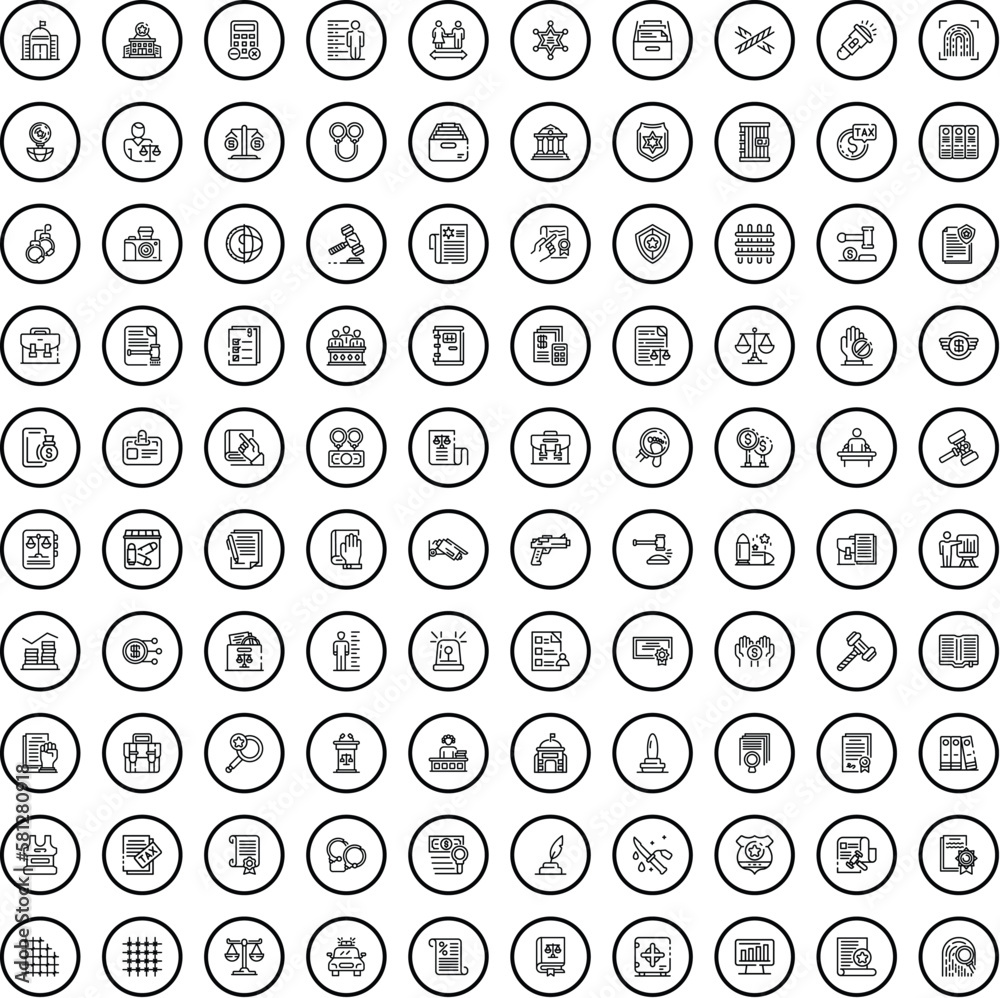 100 law icons set. Outline illustration of 100 law icons vector set isolated on white background 100 law icons set. Outline illustration of 100 law icons vector set isolated on white background