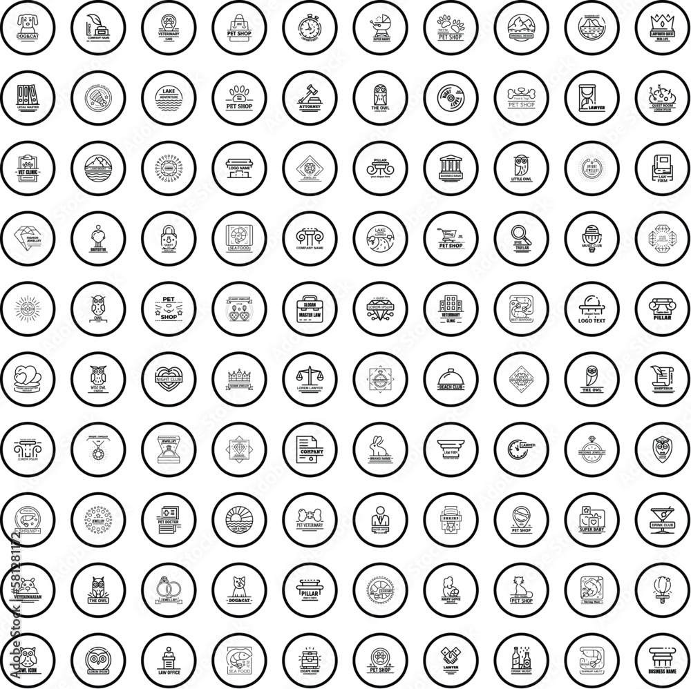 100 logo icons set. Outline illustration of 100 logo icons vector set isolated on white background