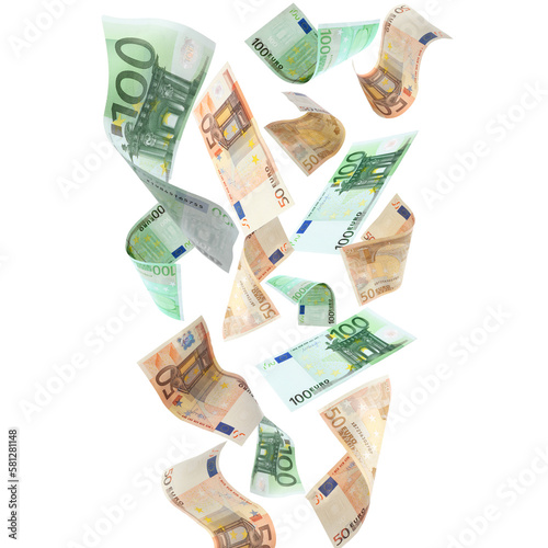 Many euro banknotes flying on white background