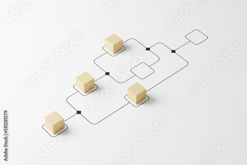 Business process and workflow automation with flowchart. Wooden cube block arranging processing management on white background. 3d render illustration