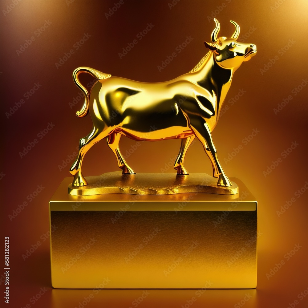 Golden shiny bull statue on a rectangle podium, Generative AI Stock ...