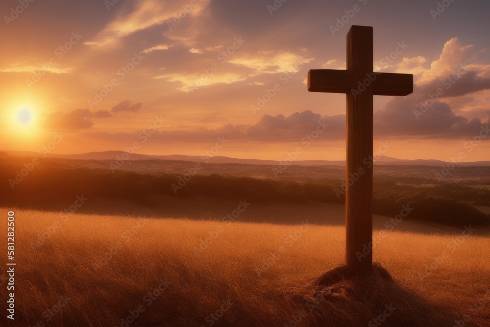Tall wooden cross on a hill landscape with the sun setting in the background, Generative AI